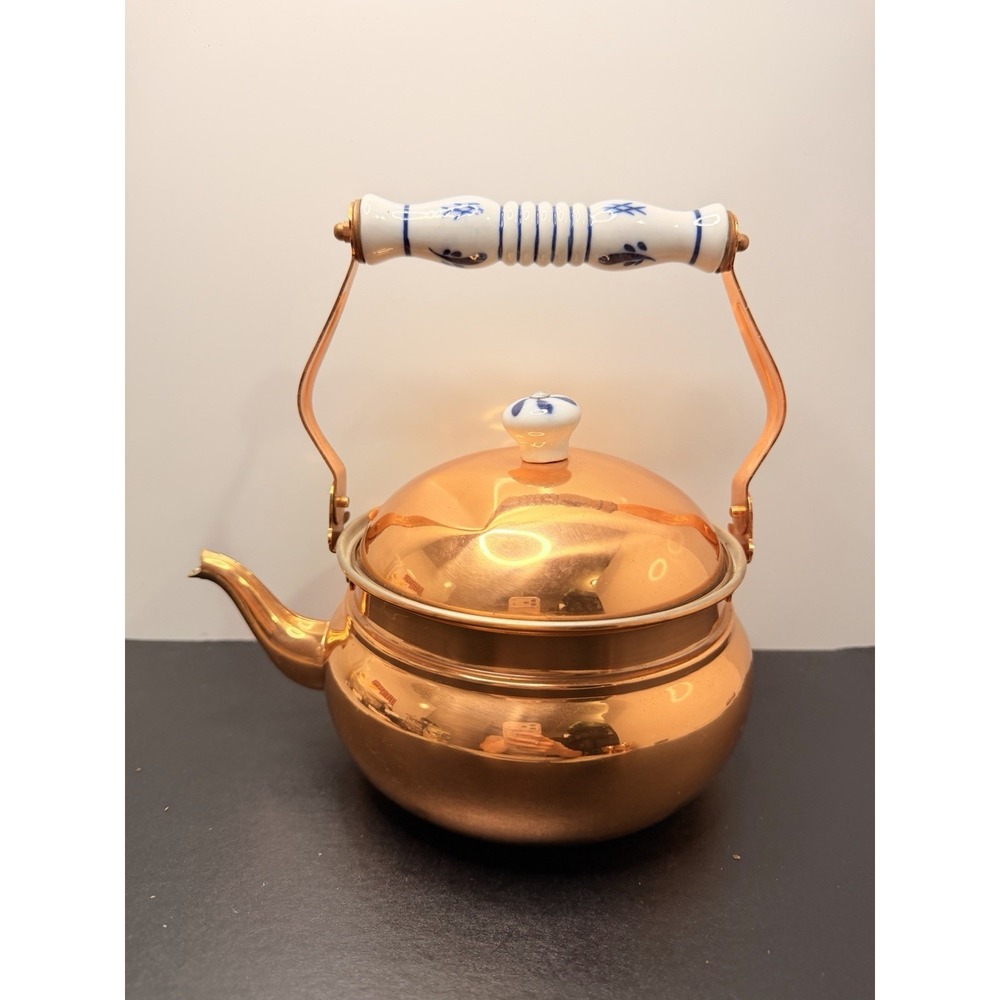 Vintage Tayee Solid Copper Tea Kettle Teapot White Blue Ceramic Handle Taiwan